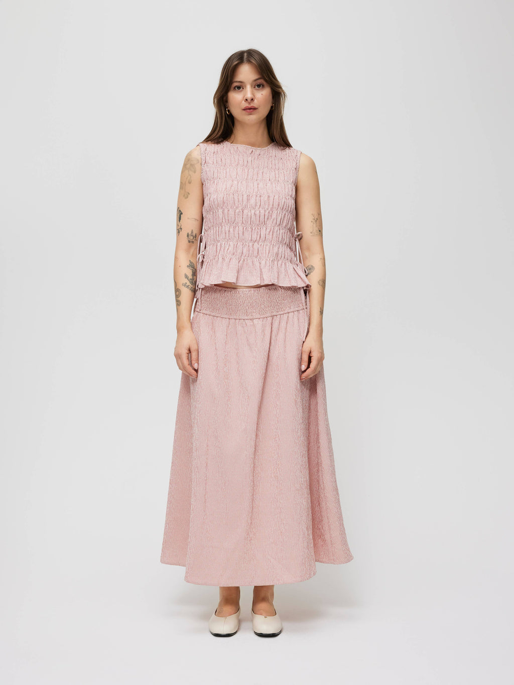 The Romy Smocked Waist Textured Midi Skirt