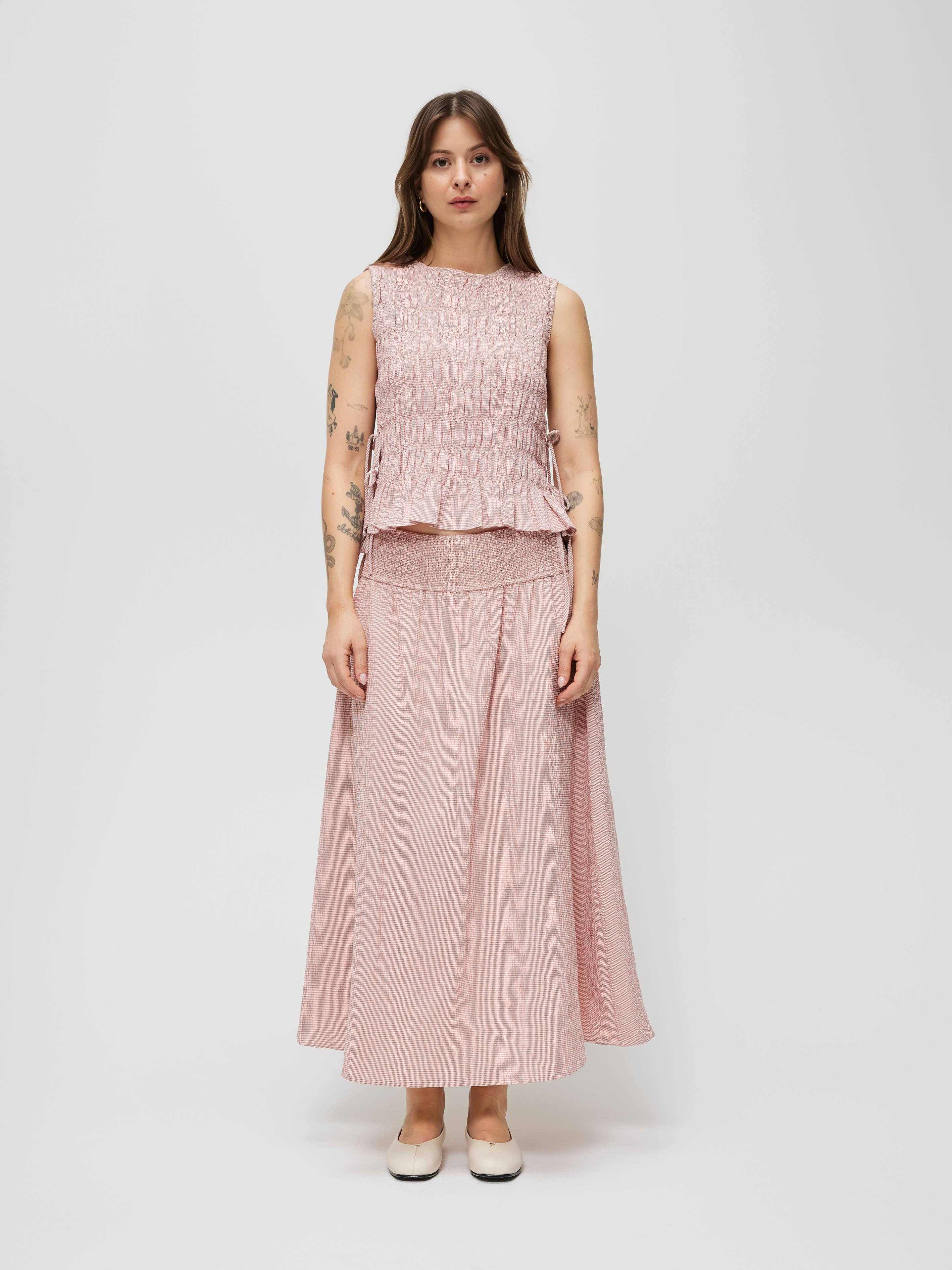 The Romy Smocked Waist Textured Midi Skirt